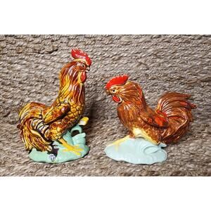 Vintage Ceramic Rooster Set Figurines Colorful Rare Hand Painted Farmhouse Decor